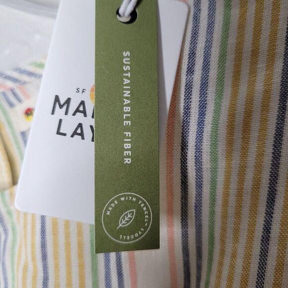 NWT Marine Layer Laney Mini Dress Sz Med Beachy Stripe Linen Blend Ruffle yellow - Picture 5 of 10